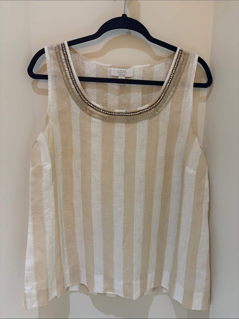 Charter Club 100% Linen Striped Embellished Tank Top Women’s L